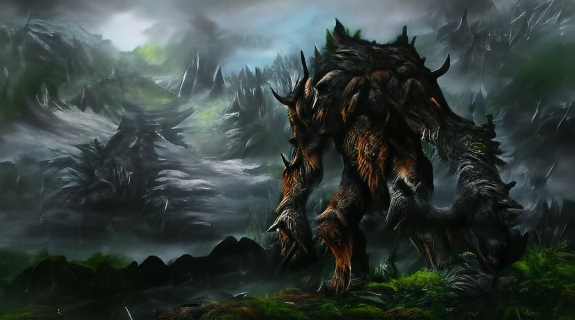 Large beast with spike armor dark forest landscape 8k resolu...