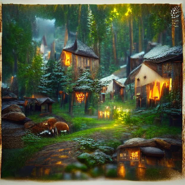 Cozy warm forest village; beautifully lit; Albert Bierstadt ...