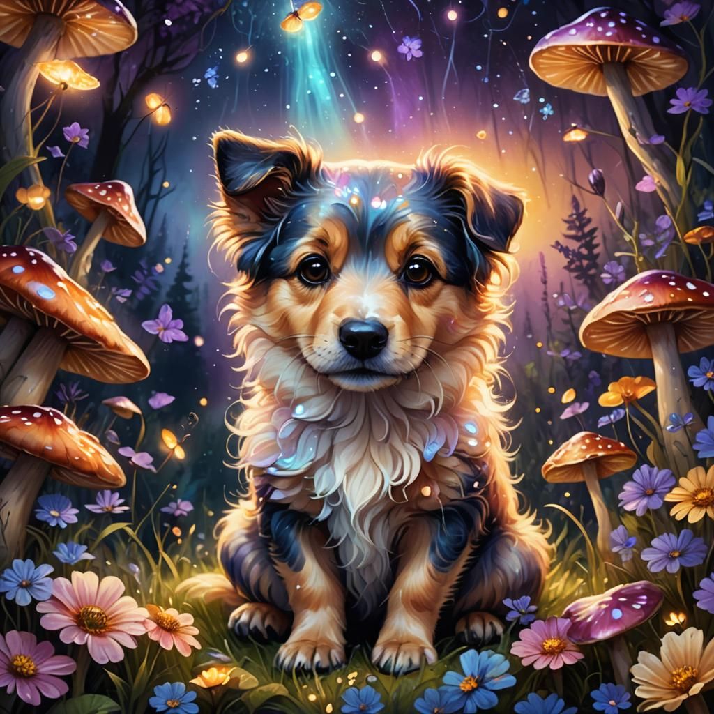 Dog on Mushroom in Whimsical Fantasy Illustration
