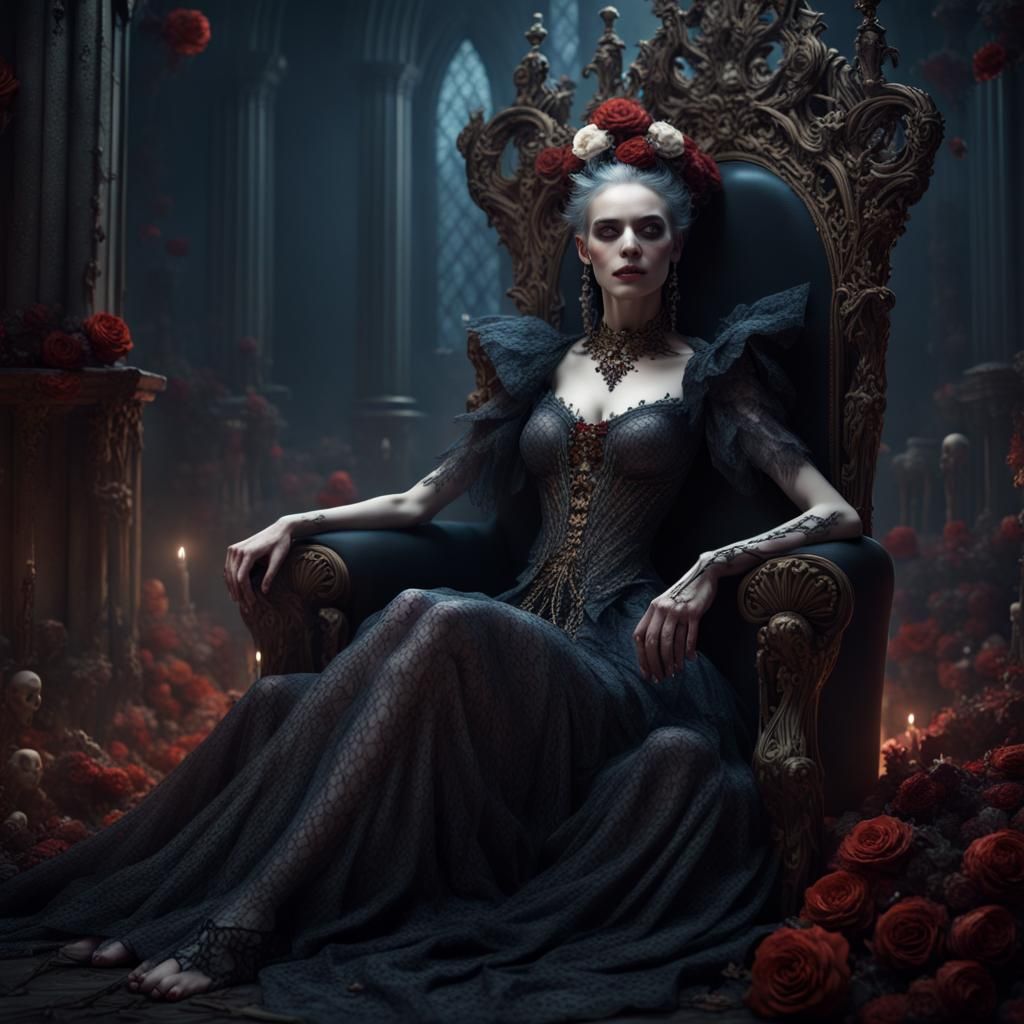 An ancient Vampire Queen wearing beautiful lace. She is sitting on a ...