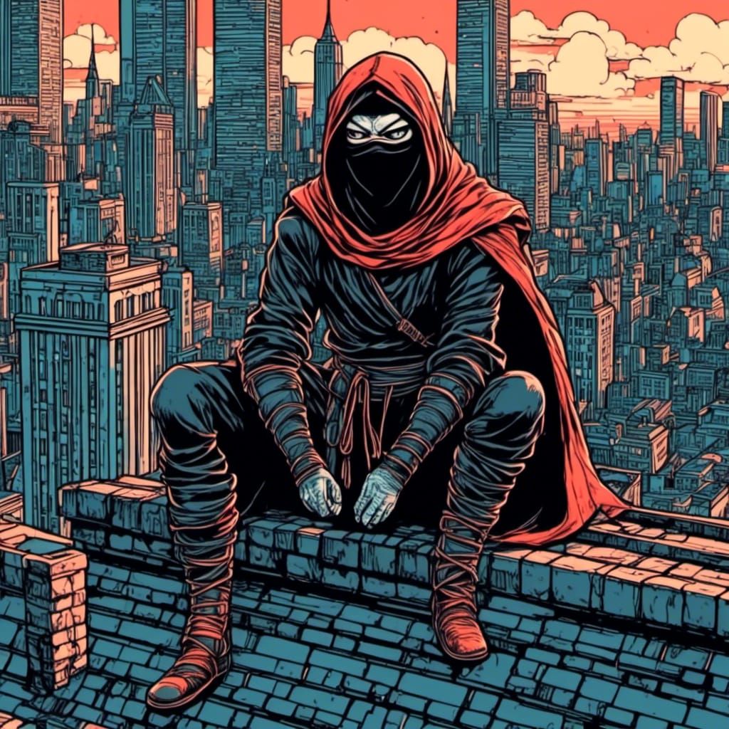  <lora:Comic Style:1.0> Ninja on a rooftop