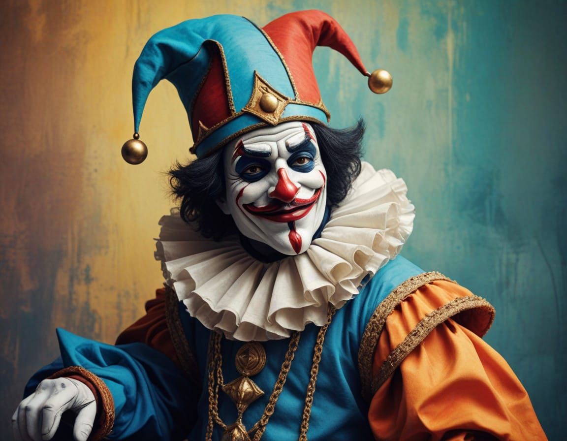 Medieval King Holds Jester Puppet in Abstract Art