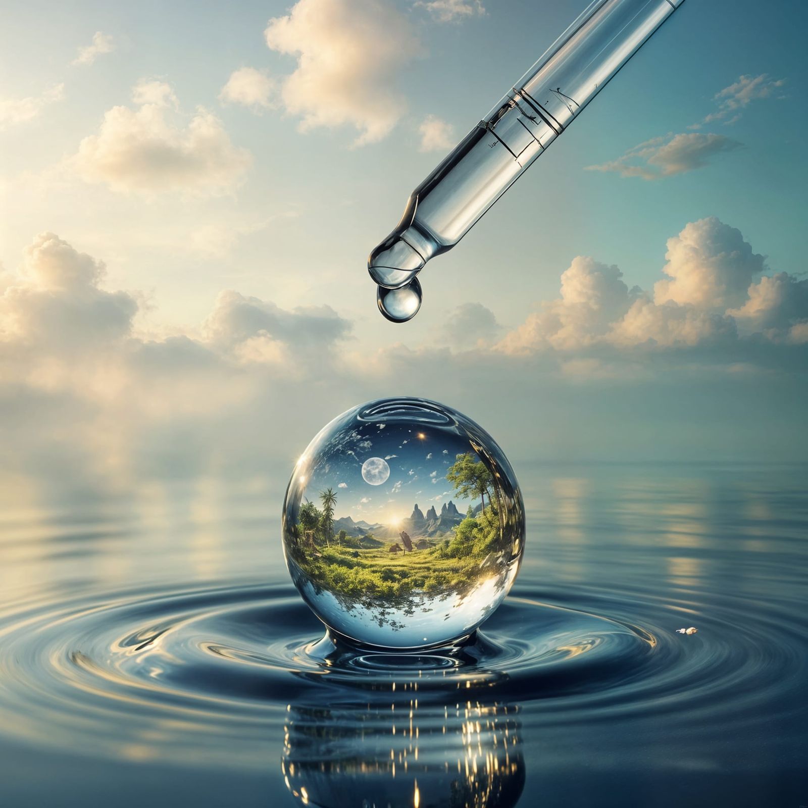 eine Pipette an deren Spitze ein tropfen Wasser hängt und in diesem tropfen ist eine ganze fantastische ...  by @Chaim