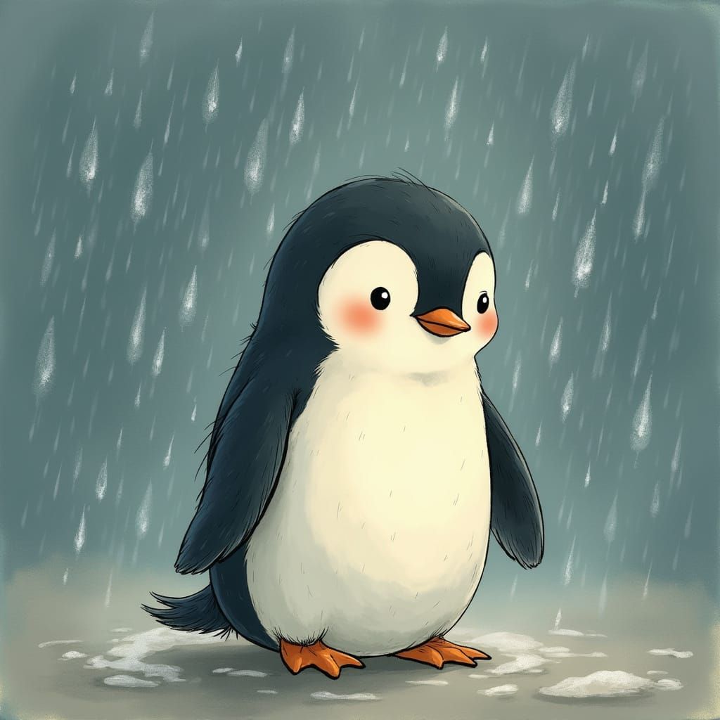 Cute Penguin Standing in Gentle Rain