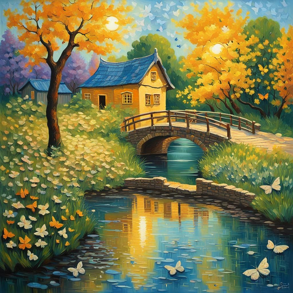 Neo-Impressionist Landscape with House and Stream