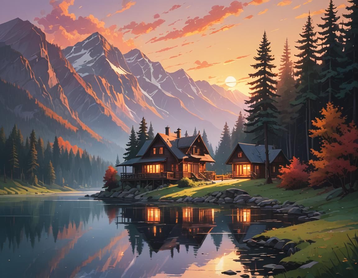 Sunset Over Lake House in Digital Painting Style
