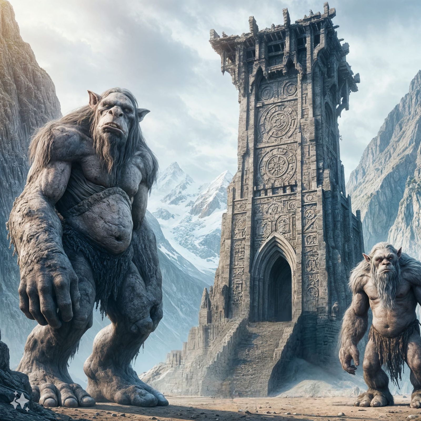 Mountain trolls guarding a tower