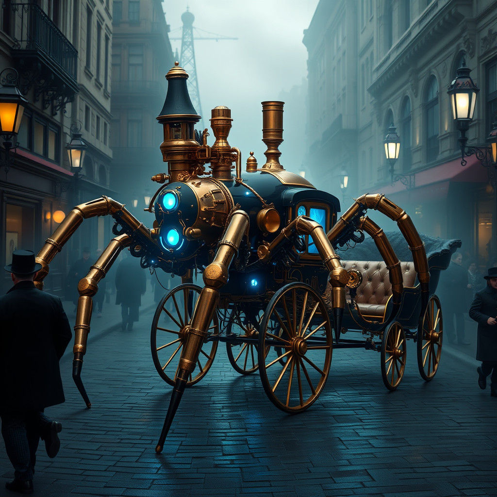 Spidercarriage in steampunk city.