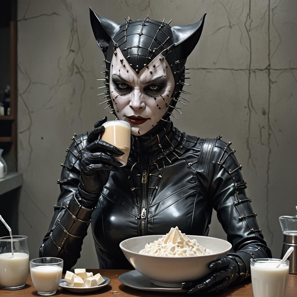 Hyperrealistic female Pinhead from the Hellraiser movies, as DC Movie character Catwoman, wearing black leather Pinhead ...
