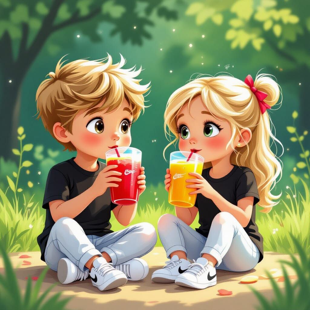 Children Enjoying Strawberry Banana Juice in Digital Art Sty...