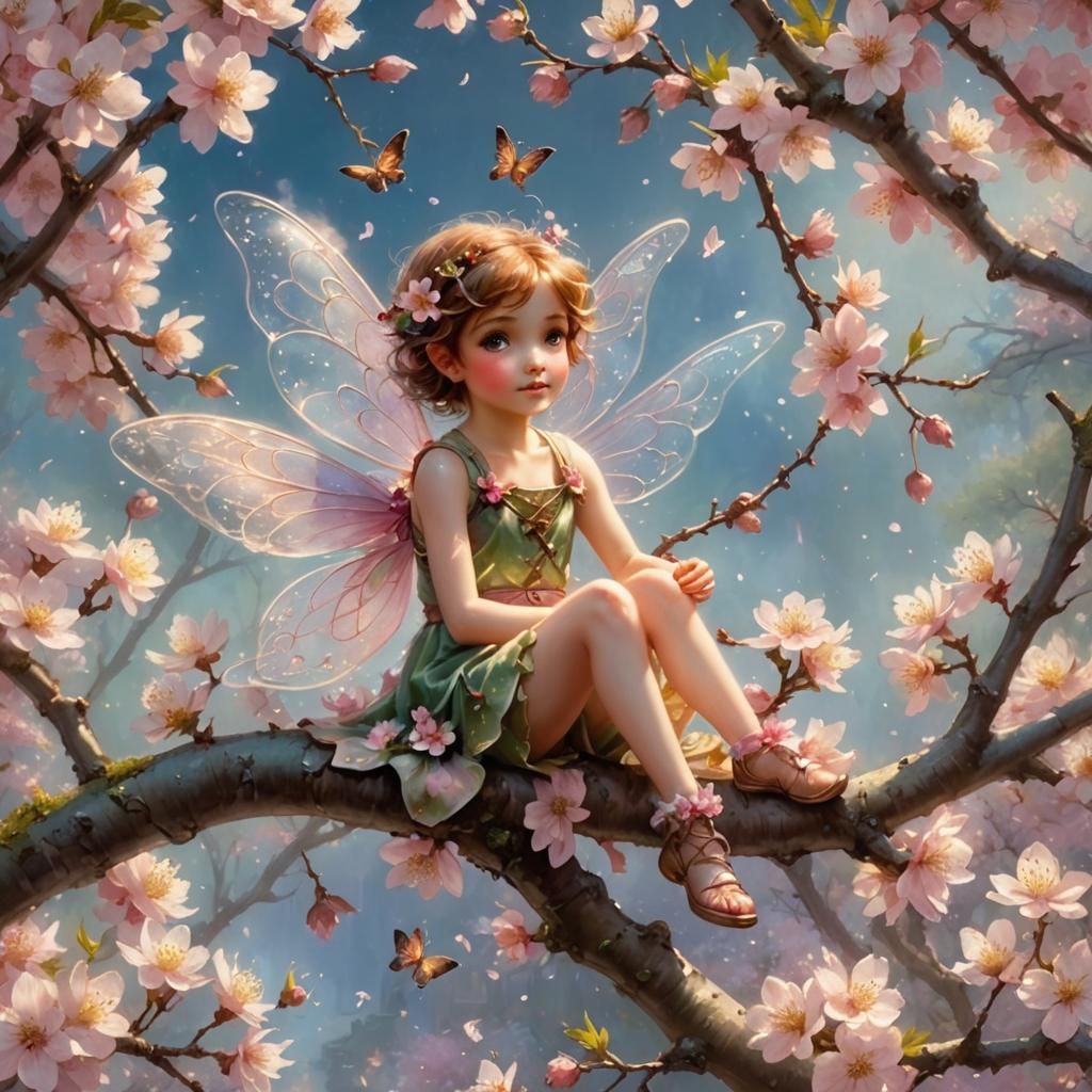 Cute fairy in cherry blossoms