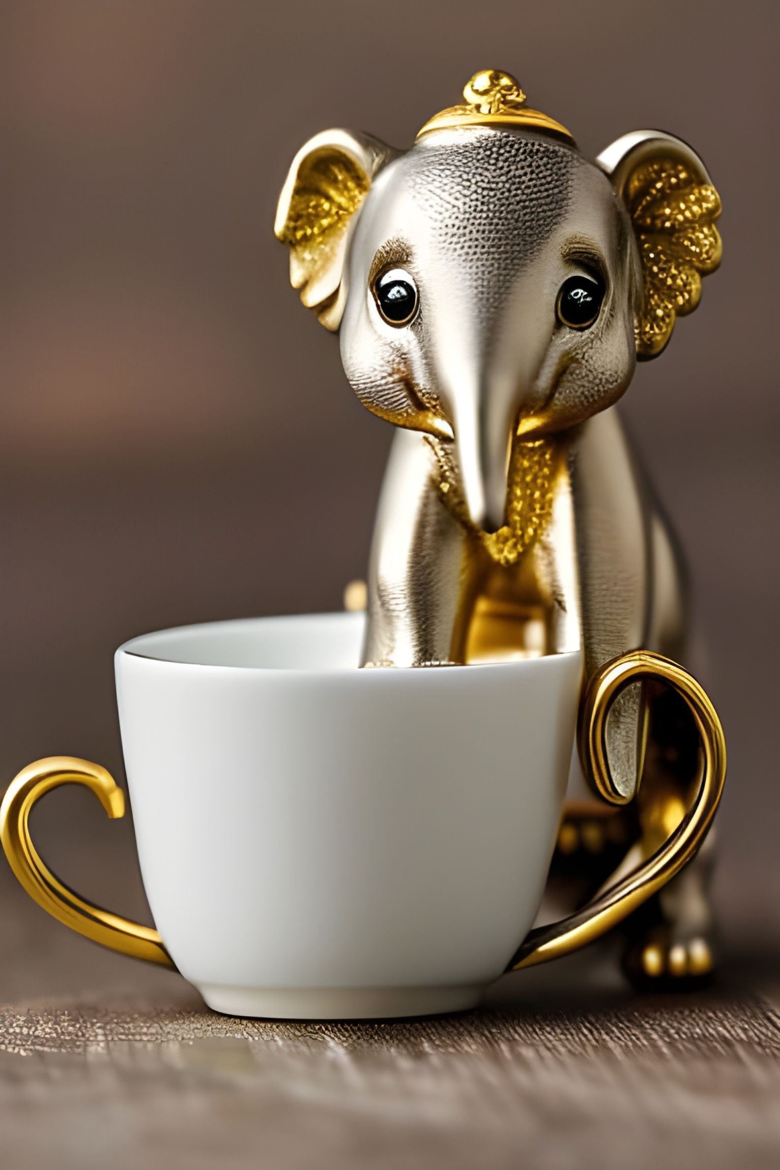 Cute little Golden Baby Elephant in a teacup AI Generated Artwork