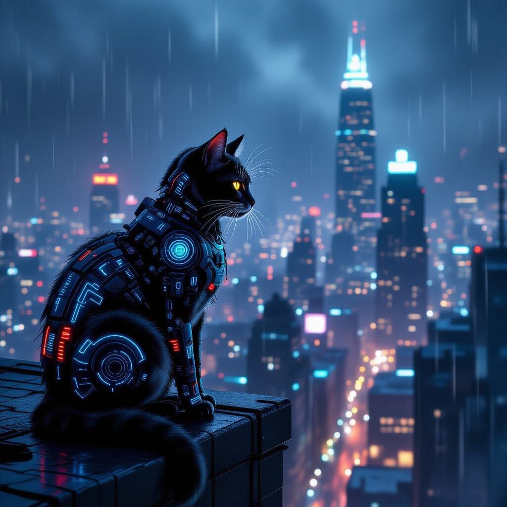 Cyberpunk illustration. A lone cat with cybernetic enhancements, perched on a neon-lit rooftop overlooking a rain-slicked, dystopian metropo...