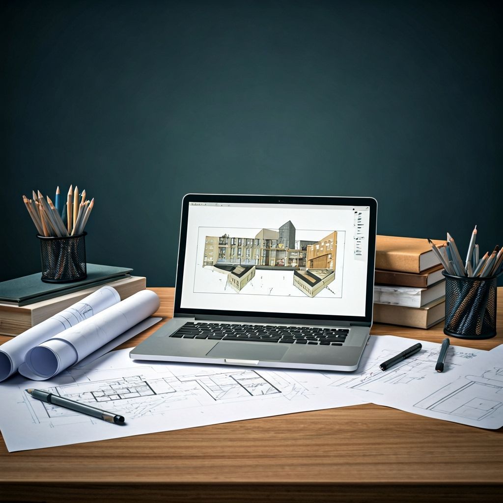 Architecture Student's Desk with CAD Designs in Industrial S...