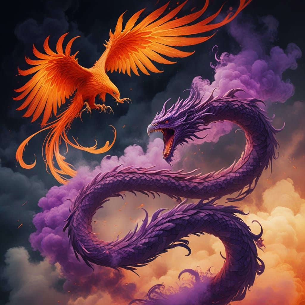 A mythical battle between Phoenix and Serpent   by @_LuckyPaw_