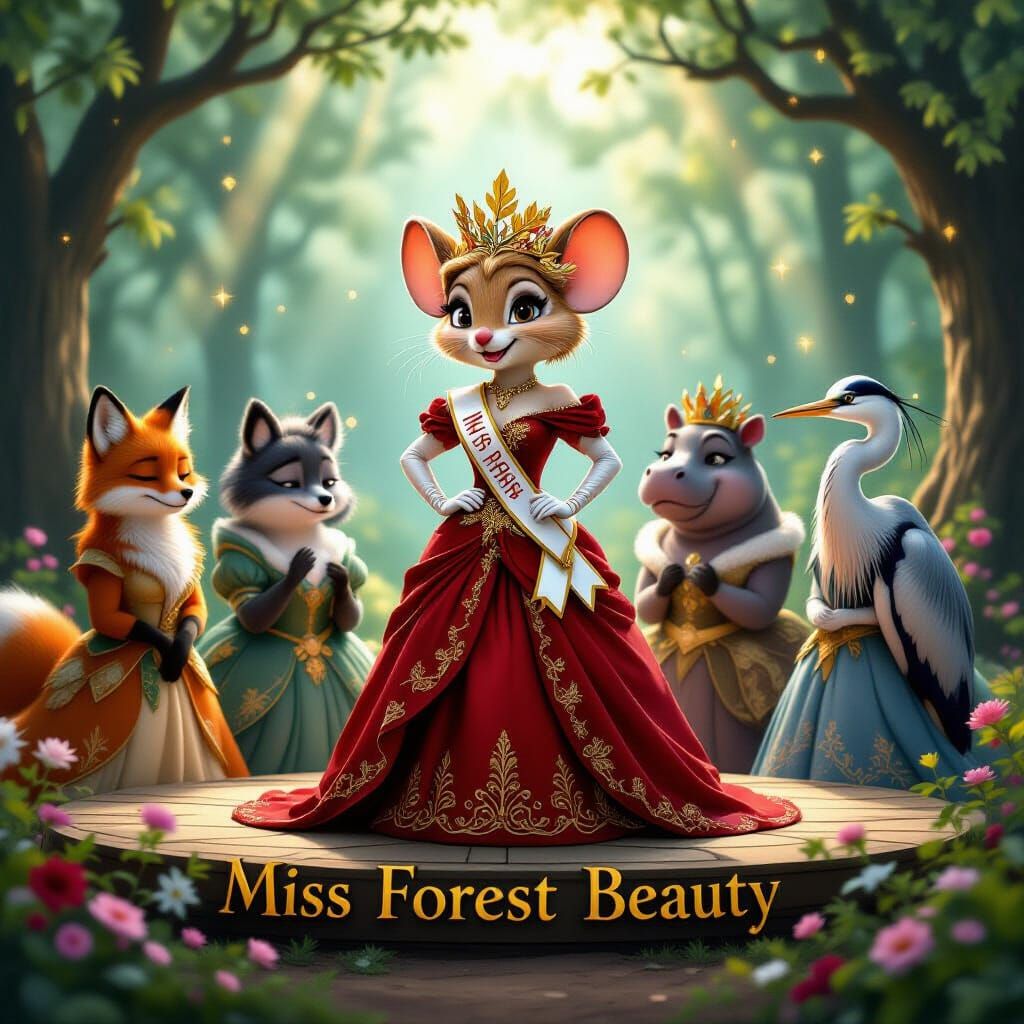 Kira, an elegant anthropomorphic mouse, has just won the title of “Miss Forest Beauty.” She stands proudly on a small woodland stage, wearin...