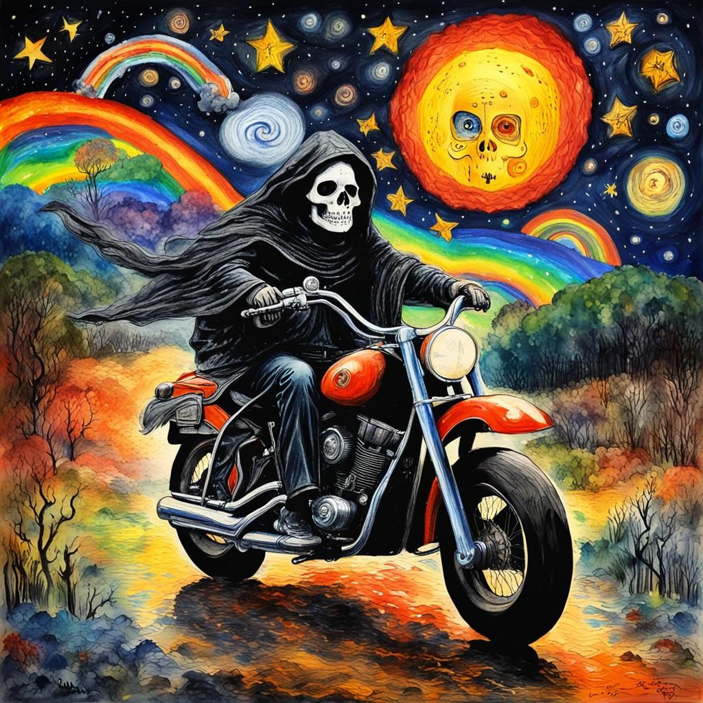 Holy Death, Mama  Muerte riding a  motorcycle  leads the wil...