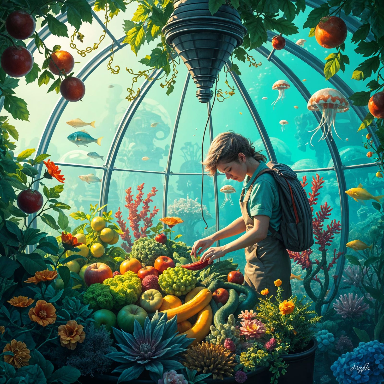 Inside a glass dome a gardener take care of fruits and vegetables, it is real lushy place. Outside the ...  by @Good_Vibes_Only