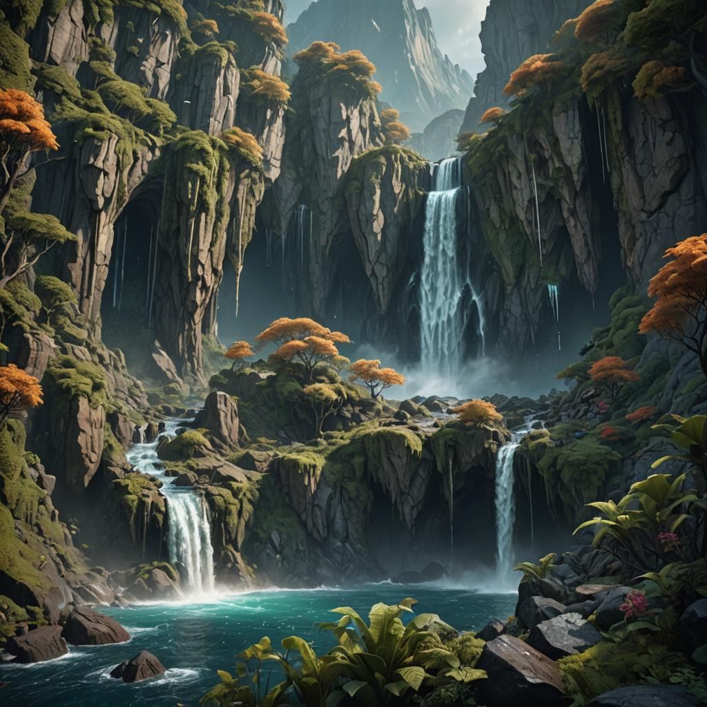 Lovecraftian Waterfall in Deep Ocean, Detailed Matte Paintin...