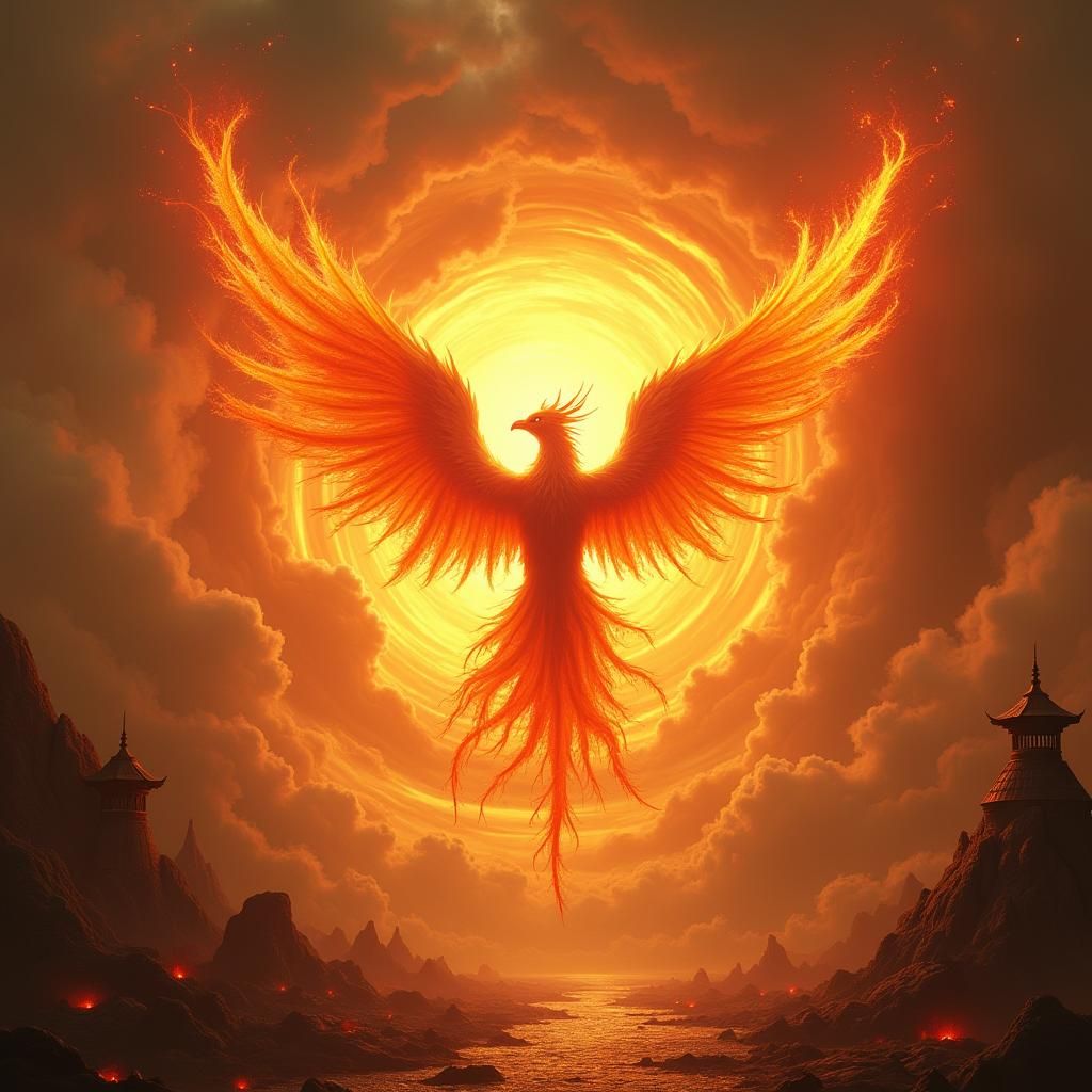a phoenix rising from an inferno
