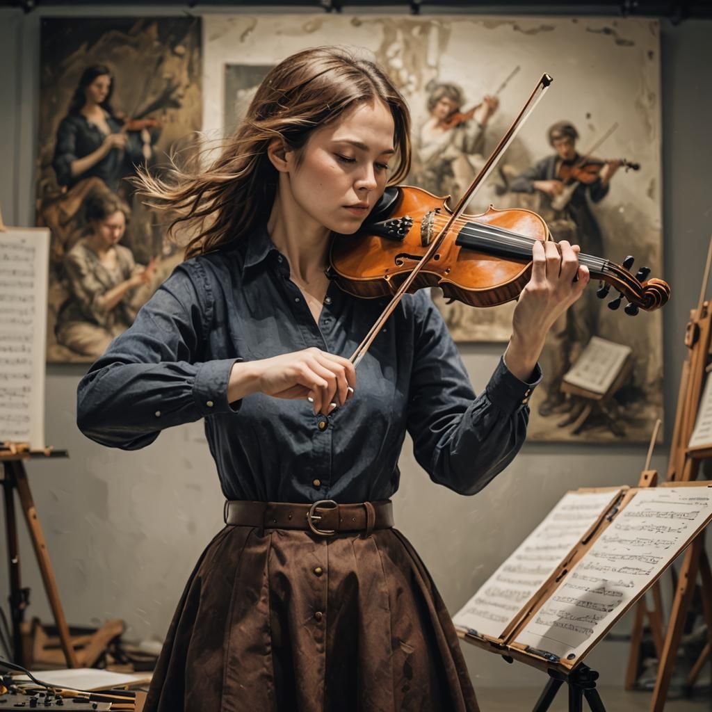 A woman playing a violin in a studio  by @nizamloki