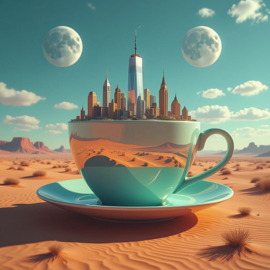 Giant Teacup City in Alien Desert Landscape