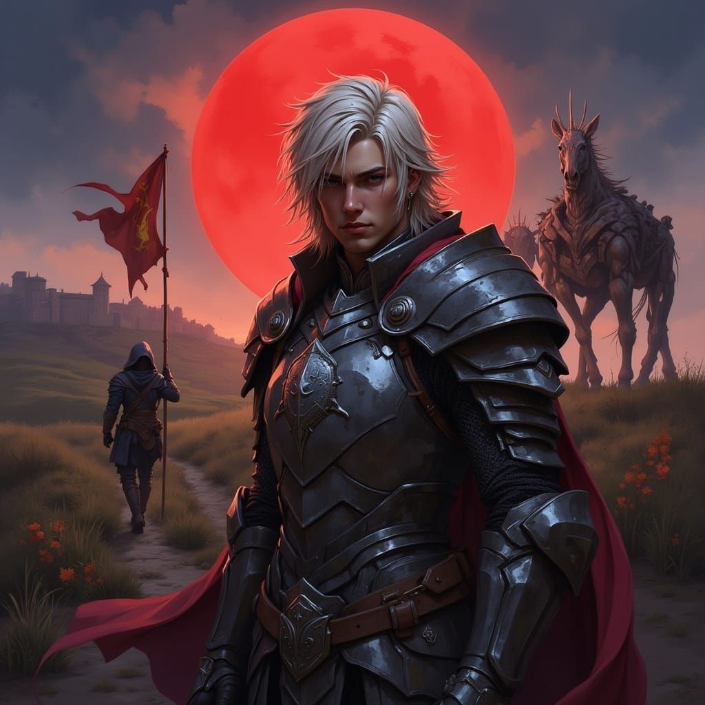 The subject is <lora:DWC Flux:0.6> a full-body portrait of a hyper-realistic, ultra-detailed rugged male knight with a red shoulder cape in ...