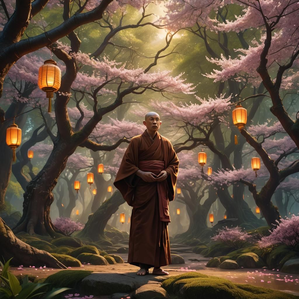 Monk in Forest with Blossoms, Digital Matte Painting