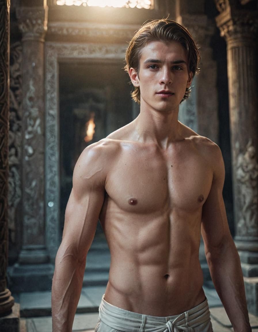 A 20-year-old male celestial entity, with white glowing skin...