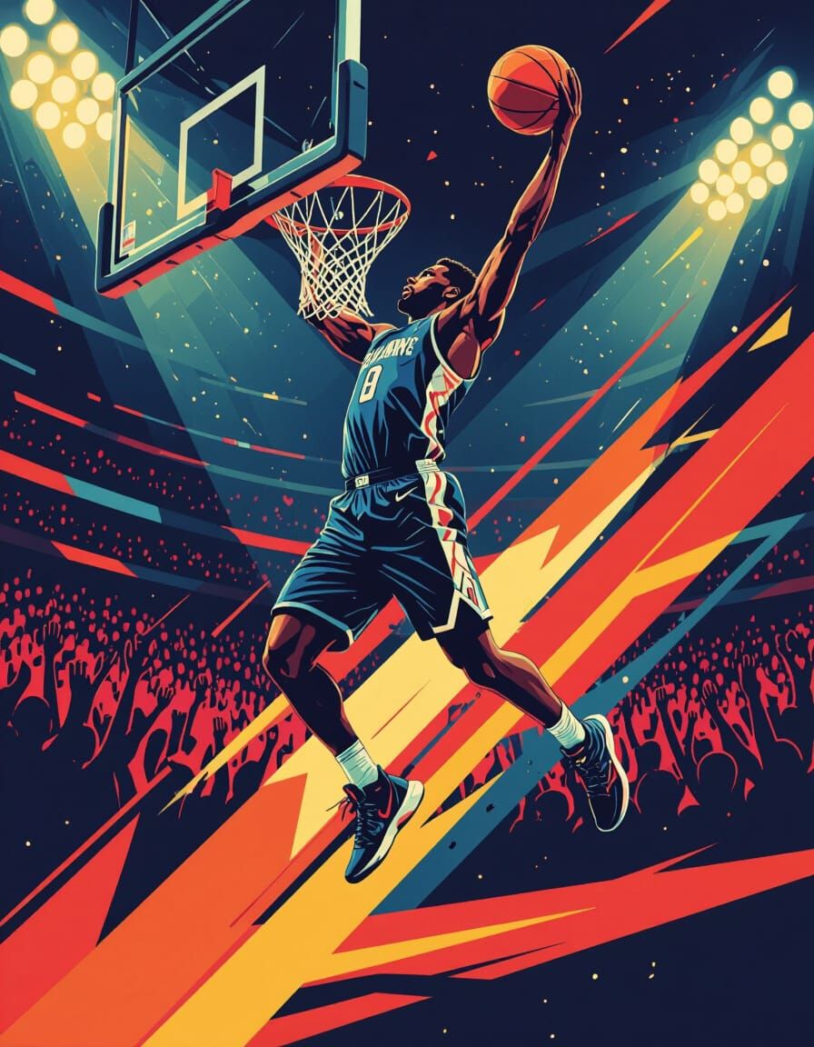 A dynamic sports poster featuring a powerful basketball player mid-dunk, with exaggerated motion lines ...  by @Karasu Tepes