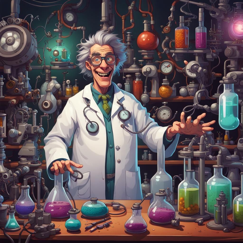 A mad scientist in a cartoonish laboratory, surrounded by all sorts of ...