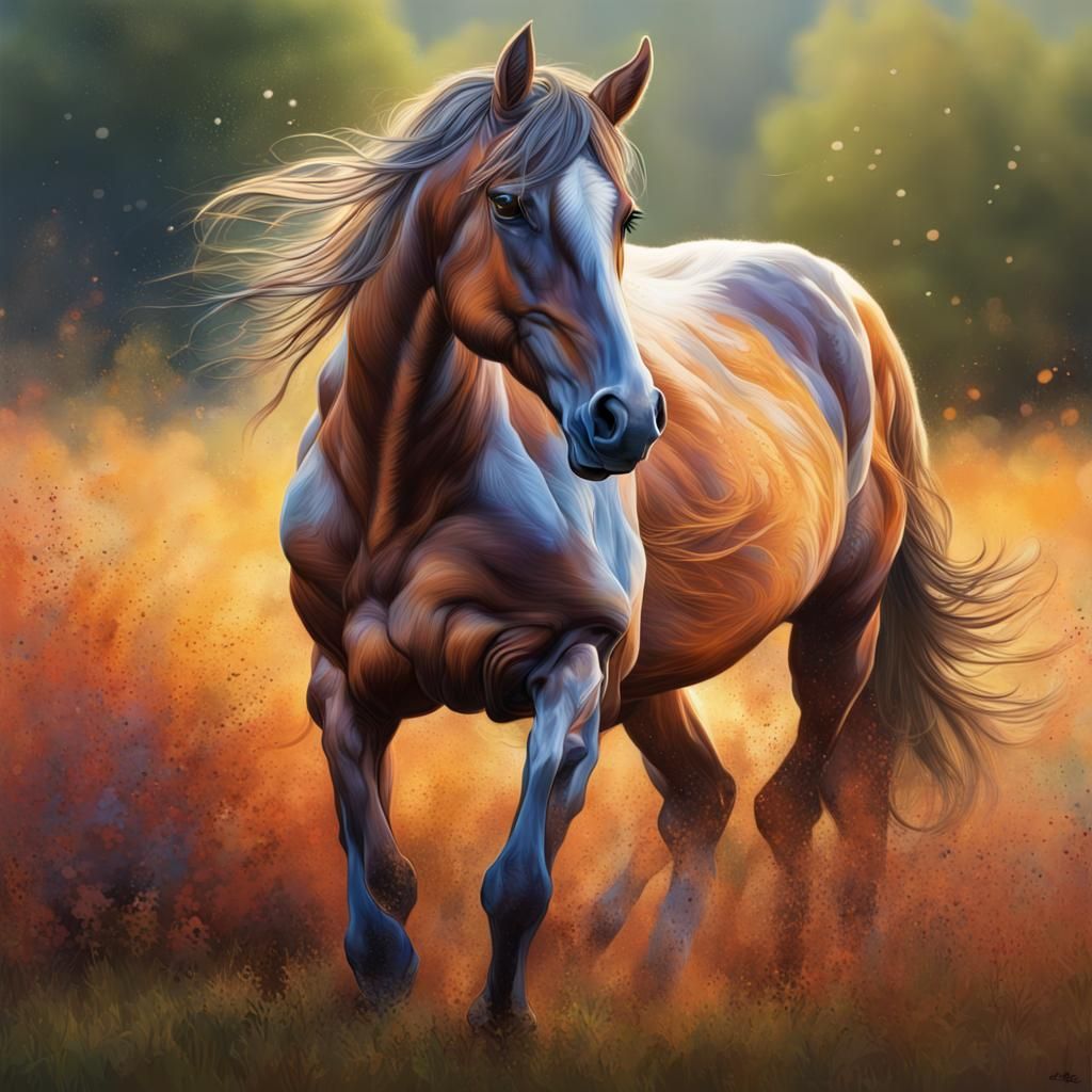 Horse in field Hyperrealistic, splash art, concept art, mid ...