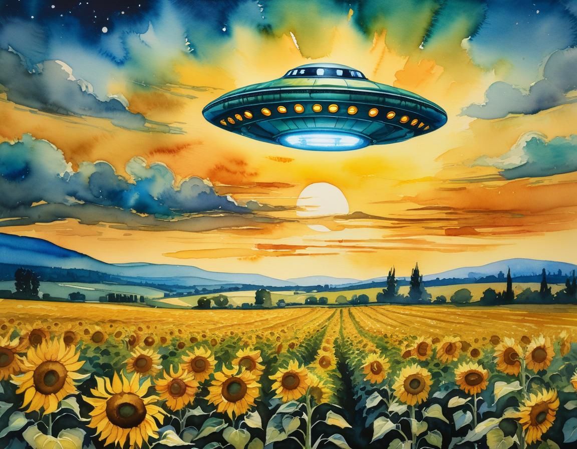 Watercolor painting of a ufo flying above a field of sunflow...