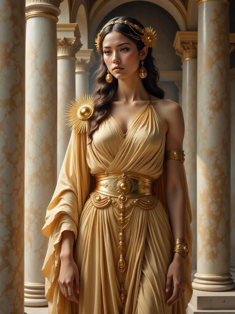 Goddess in Shimmering Gown with Greco-Roman Accents