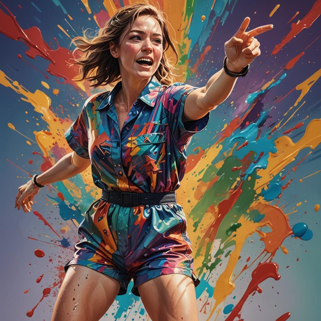 A woman arms akimbo, wearing a romper