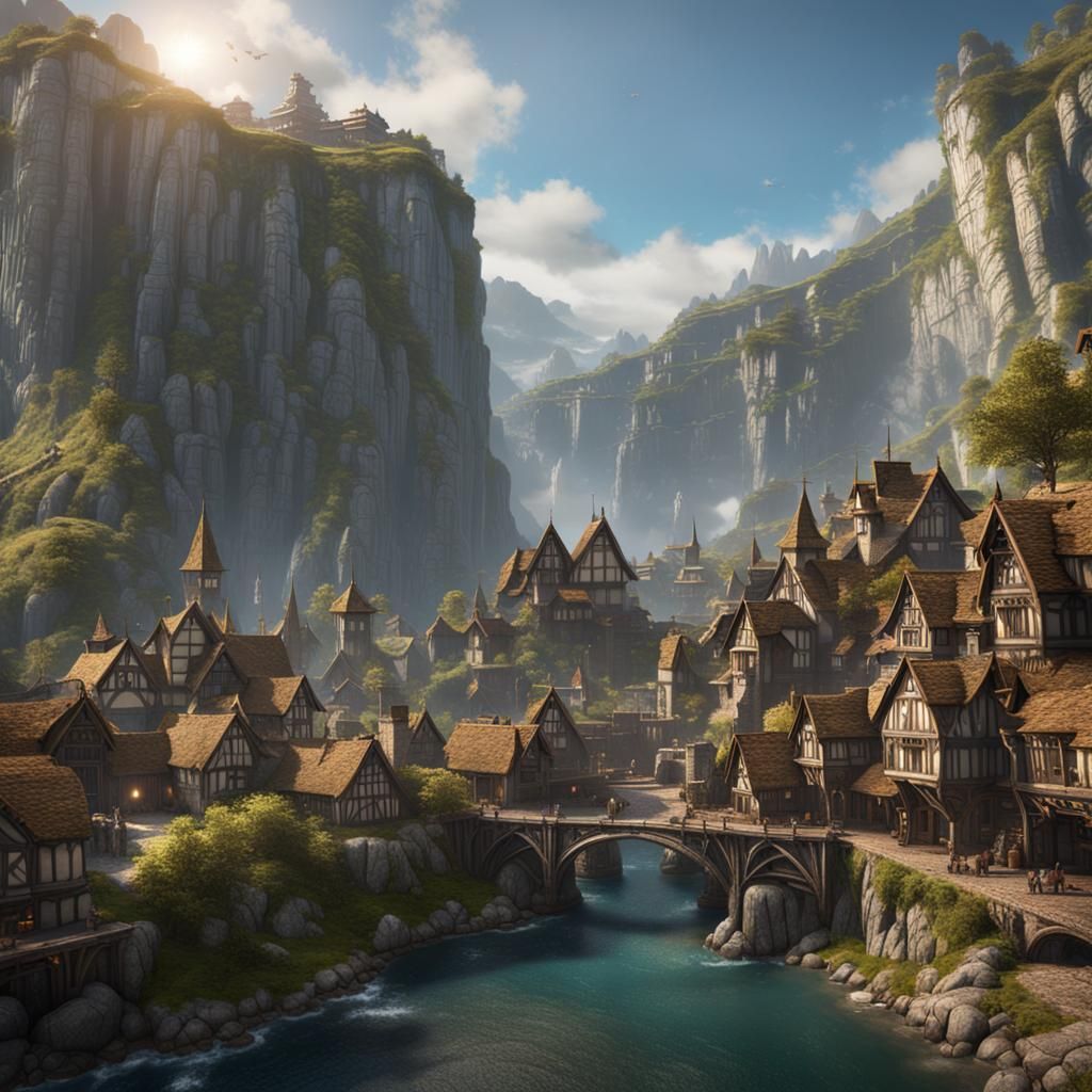 Middle earth Town along large cliffs