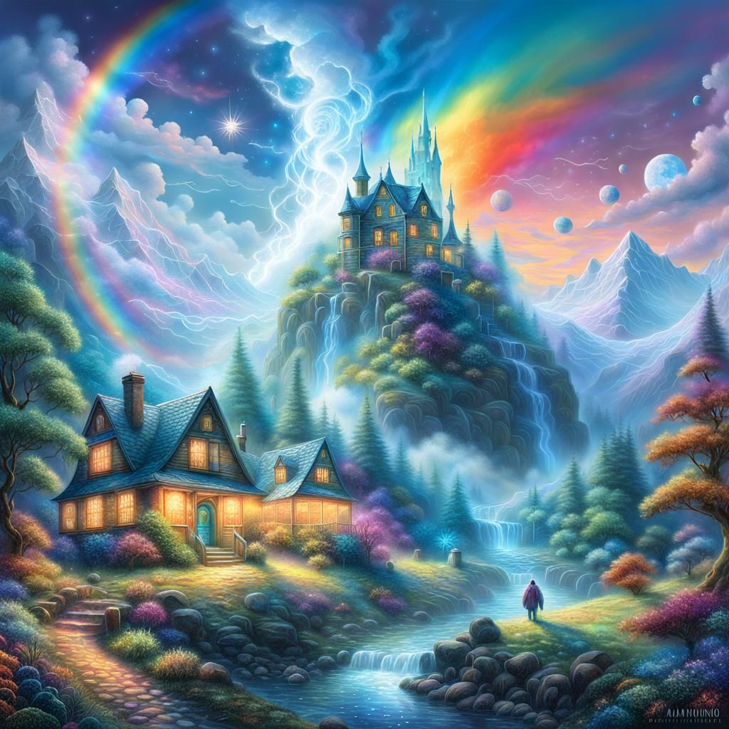 Ethereal Rainbow Fantasy Landscape in Mixed Media