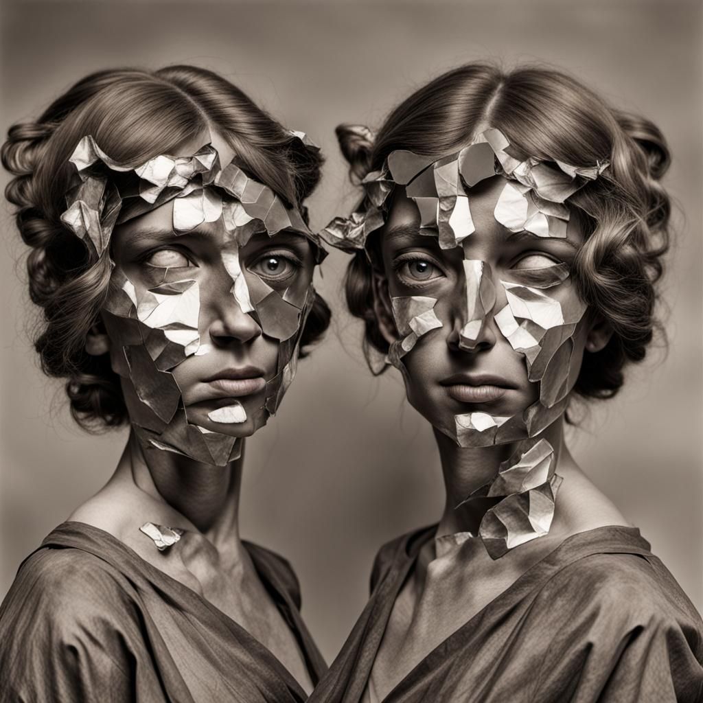 A woman's face with two ancient American style mirrors inste...