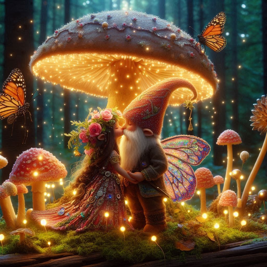 Cute gnooms kissing under a mushroom.