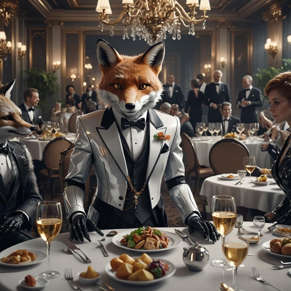 An anthropomorphic fox wearing a tuxedo at a dinner party.