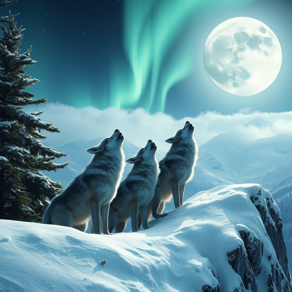 Wolves Howling at Moon Under Northern Lights
