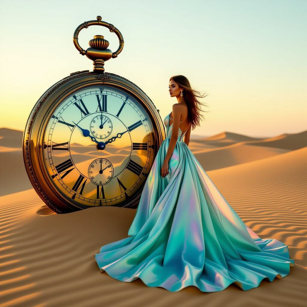 Fashion photography. A woman in a flowing, iridescent gown stands beside a colossal, antique pocket watch half-buried in sand dunes. Golden ...