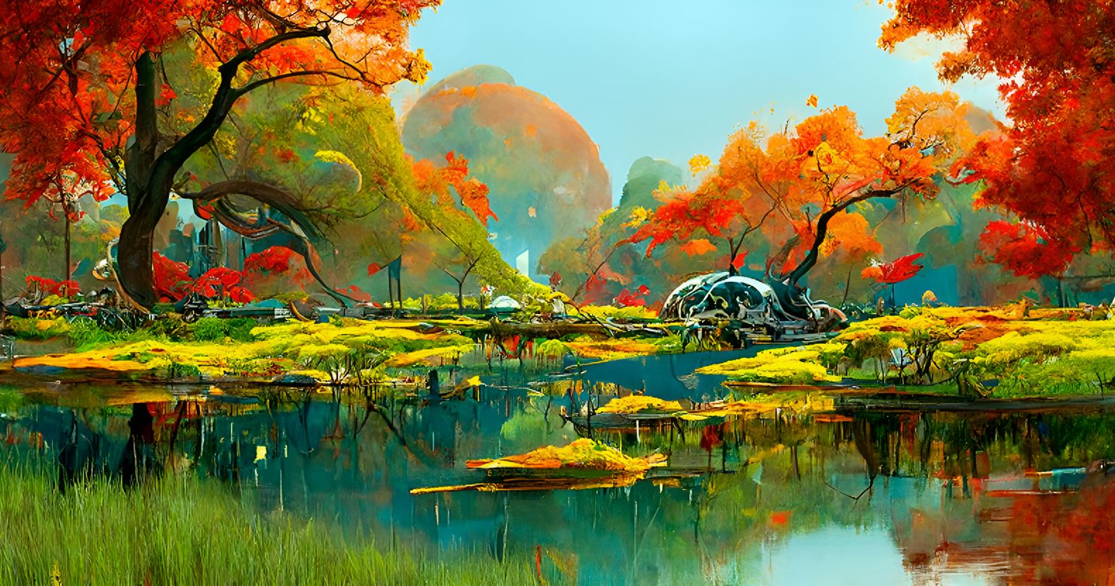 Autumn Oak Tree by Lake: Watercolor Hyperrealism