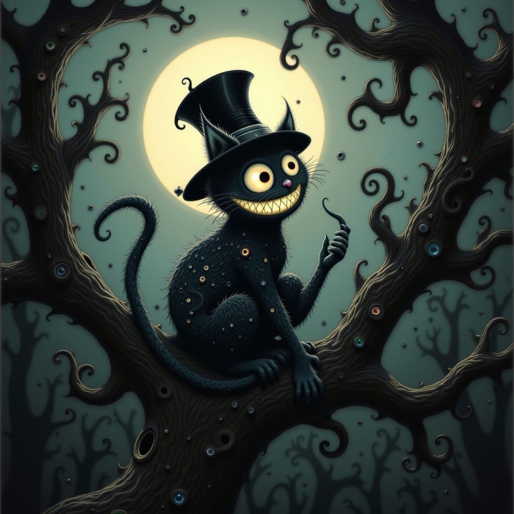 Twisted Cheshire cat with a mischievously wide grin, wearing a tattered top hat and sitting on a gnarled, black tree branch, set against a b...