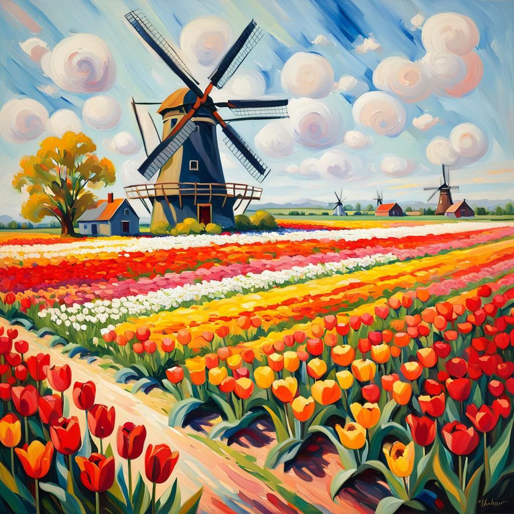 Vibrant Post-Impressionist Tulip Field Landscape