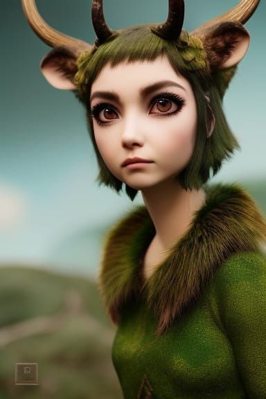 cute faun woman with green mossy hair, dark deer nose, big kind eyes ...