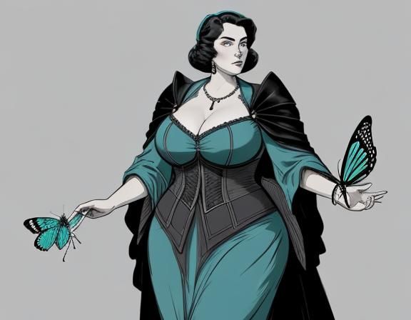 A fantasy illustration of a	Matronly	plus-sized	Insect	Hunter	 wearing conservative clothing,	 near a	Riparian ...  by @Lots-of-games-to-play