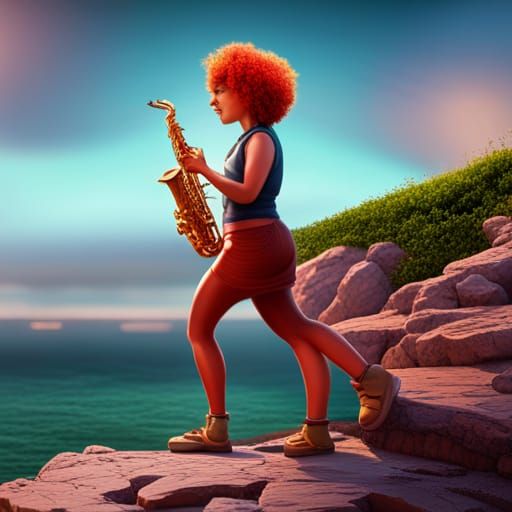 woman playing a saxophone on a cliff