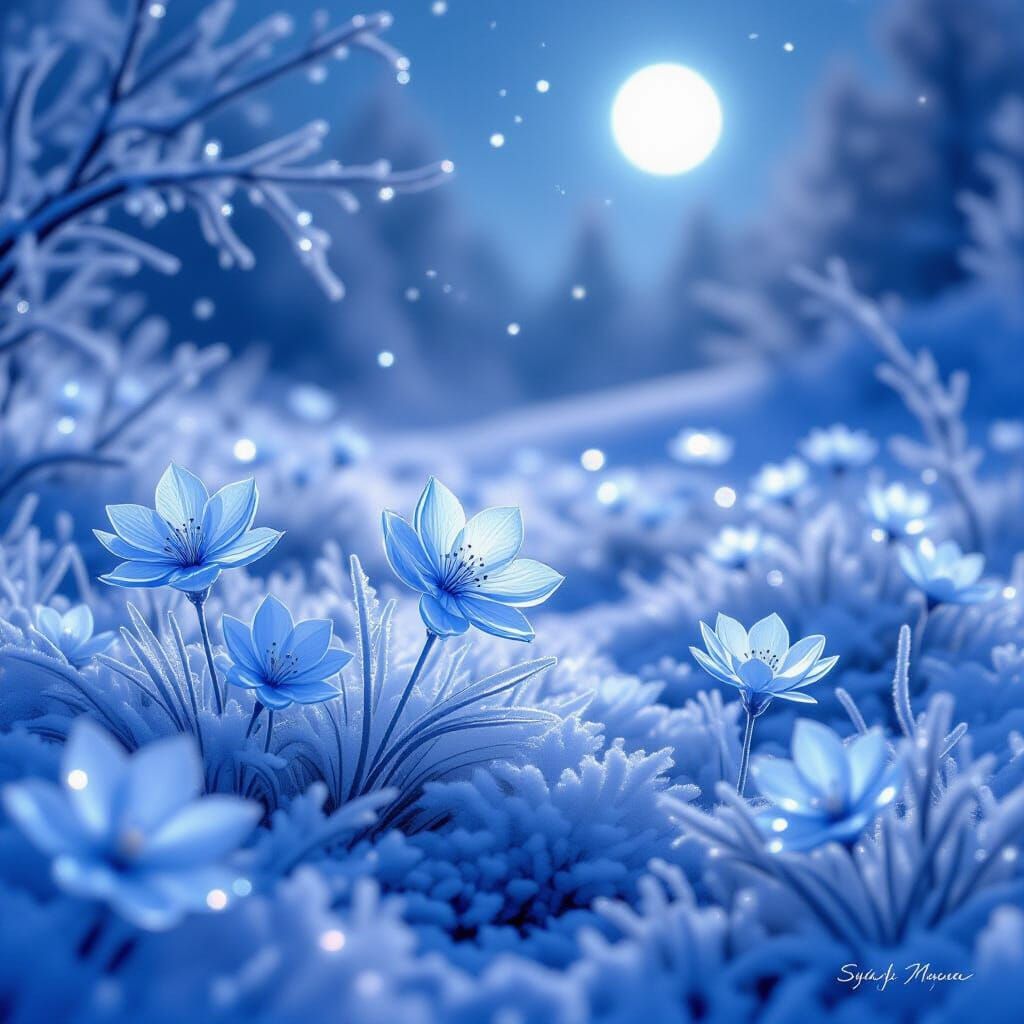 An otherworldly landscape filled with delicate ice flowers blooming across a frozen meadow. Each flower ...  by @WP Webify