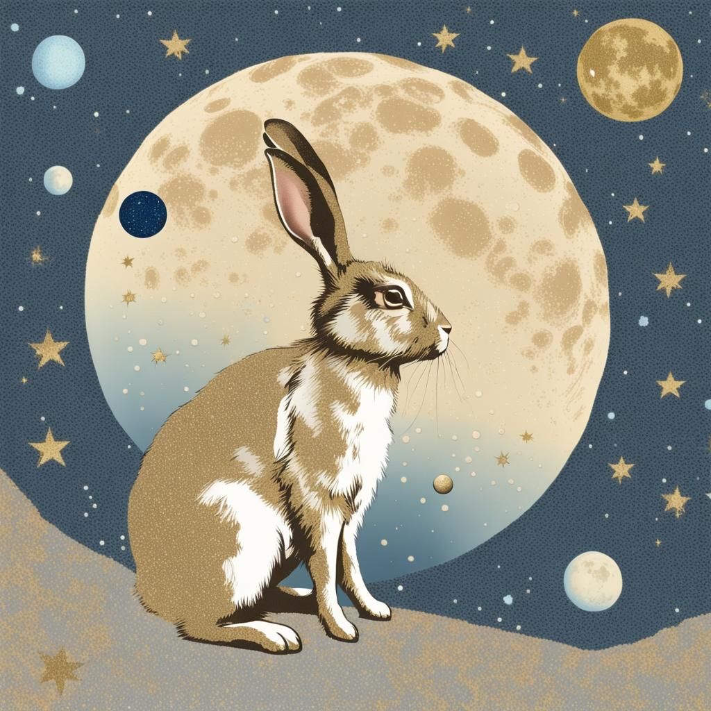 rabbit & moon | collage style | light gold and blue